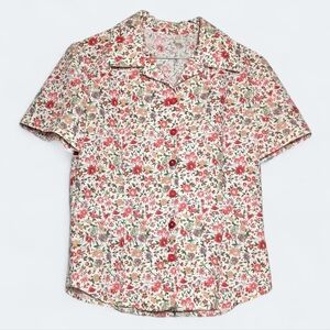 Handmade Floral Button Down Blouse Vintage Style Short Sleeve Cotton Top Retro